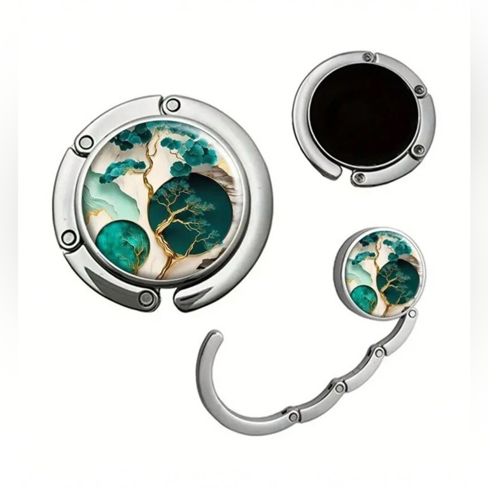 Green Bonsai Tree with Marble Background Foldable Metal Handbag Holder/Hook